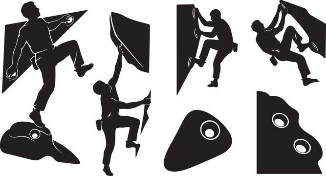 Rock climbing silhouettes in various poses and actions
