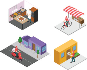 Fototapeta premium Isometric of a food delivery service with a chef preparing food and couriers on scooter and bicycle