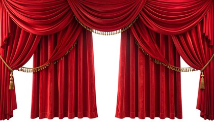 Dramatic, crimson velvet curtains draped elegantly open with gold tassel details against a bright white background