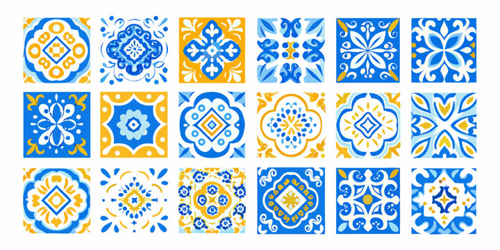 Repeating pattern of colorful portuguese azulejo tiles in blue and yellow
