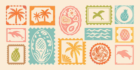 Tropical themed postage stamps arranged in a colorful patterned collage © Ripan