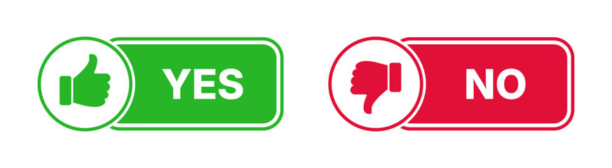 Green "YES" and red "NO" informational button set; universal feedback icons featuring thumbs up and thumbs down symbols for user interface confirmation, decision making, and voting systems