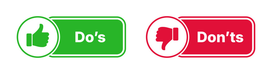 Green "Do's" and red "Don'ts" informational button set; instructional feedback icons featuring thumbs up and thumbs down symbols for guidance, rules, and best practices in user manuals or interface