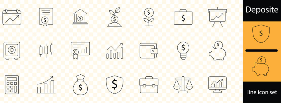Deposite investment web icons in line style. income, money, business. Outline icon collection. Editable stroke. Vector illustration