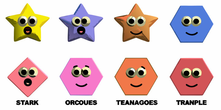 Colorful geometric shapes with faces and text labels below each