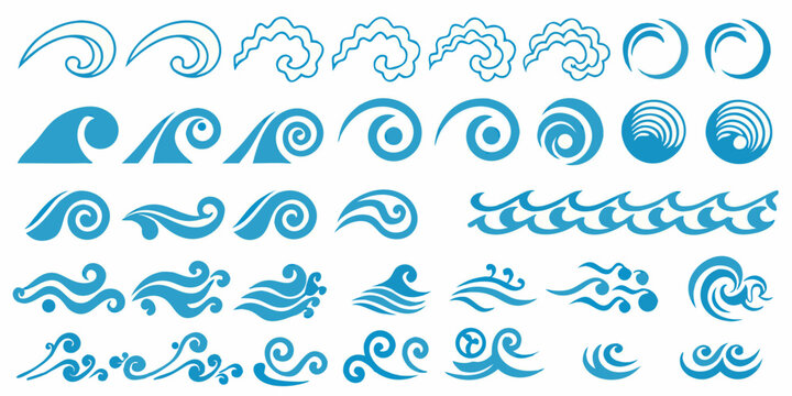 Collection of stylized blue wave and swirl design elements