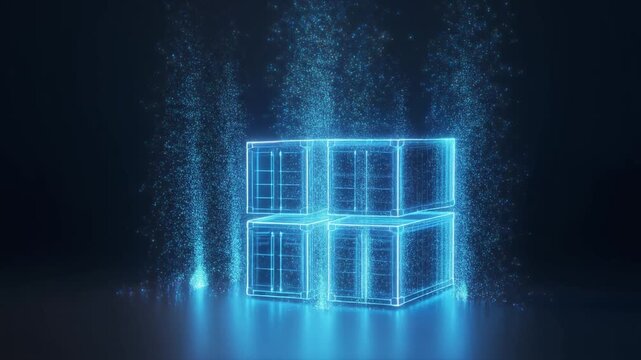 Hologram container stack digital freight neon blue shipping crate cargo logistics cyber data storage technology transport