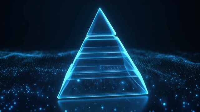 Blue neon pyramid glowing geometric shape futuristic 3d structure digital grid hologram design abstract technology energy sci fi