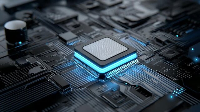 Advanced microchip on circuit board with glowing light.