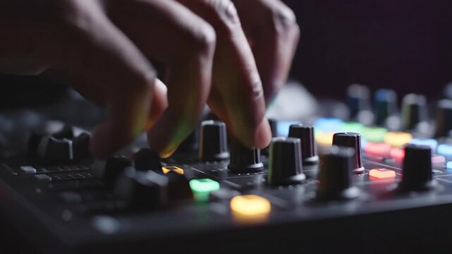 DJ hands adjusting knobs and sliders on a sound mixer with colorful LED lights