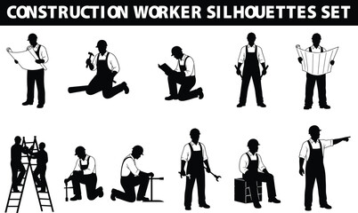 Construction worker silhouettes set, industrial labor poses collection, builders engineers craftsmen, black human figures, tools safety helmet vector illustration design