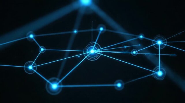 Abstract blue glowing network connection points and lines on dark background. Digital communication, data transfer, blockchain, AI, internet concept.
