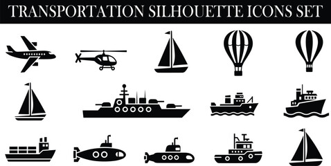 Transportation silhouette icons set, air sea travel vehicles collection, airplane helicopter ship submarine balloon, black vector illustration design graphics pack © Itz Mehedi