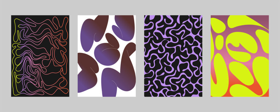 Posters with gradient minimalistic basic figures, extraordinary graphic assets of geometrical shape. Modern minimal colorful print brutalist.