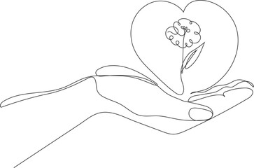 Continuous line vector illustration of an open hand holding a heart with a flower inside. Symbol of care, love, compassion, and emotional support.