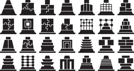 Minimalist black and white building silhouette icons with jigsaw puzzle elements