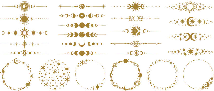 Golden celestial divider vector set collection of sun moon and star text separators with mystical round frames for boho design decoration