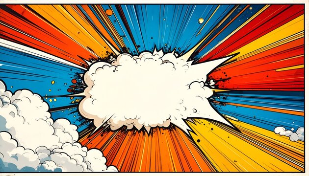 Dynamic comic book burst effect. White cloud in the middle. Rays of vivid colors emanate outward