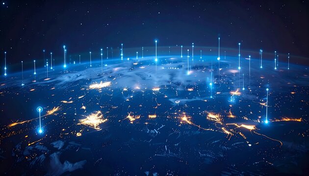 Earth at night with glowing light beams connecting network nodes, seen from space with clouds and city lights