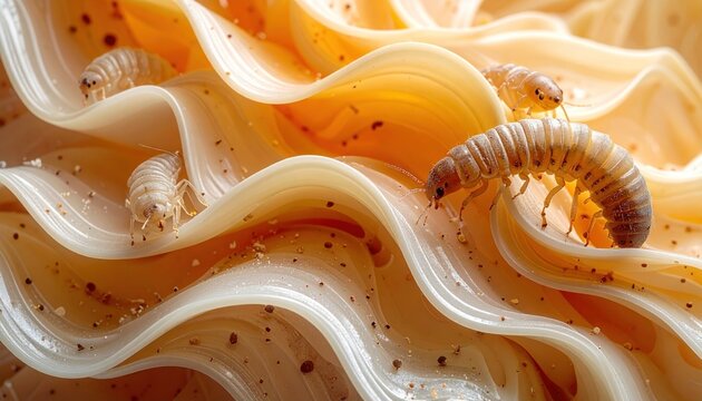 Worm-like creatures crawl atop wavy, golden-yellow, ribbon-like food