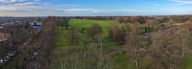 Aerial panorama of Moor Park sports courts and historic parkland in Preston, Lancashire. 