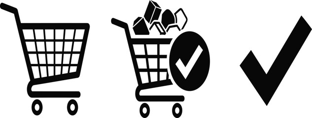 Shopping cart icons, ecommerce purchase confirmation, online retail checkout symbols, black and white vector illustration, digital shopping concept, UI design, isolated © MstLaila