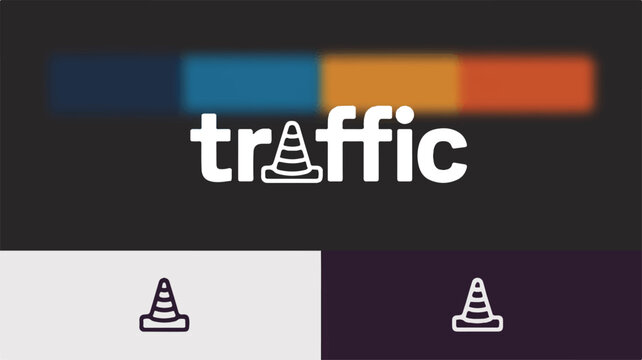 Sleek and minimalist vector logo design for a modern brand, creatively integrating a traffic cone symbol into the word 'traffic' for clear communication