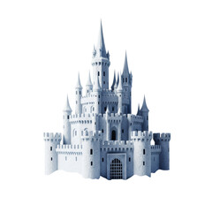 Obraz premium Highly detailed photorealistic ice sculpture of a medieval fantasy fortress with sharp towers and a barbican, isolated on a sterile high-key white studio backdrop. Concept of surreal winter paradox