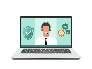 Customer service representative working with laptop and headset for communication