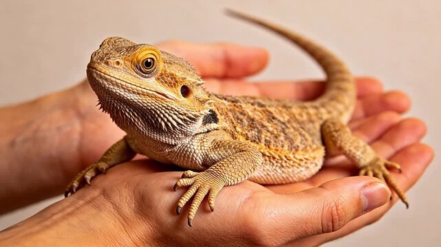 Bearded dragon lizard on human hands
