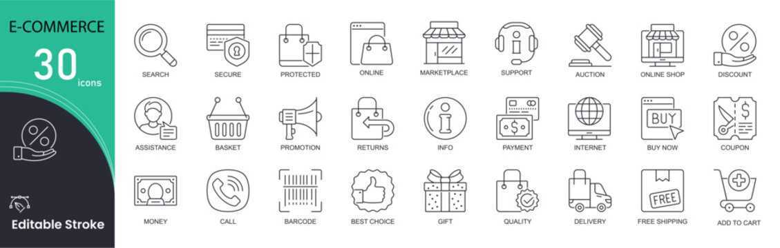 E-commerce related line icons set. Pack outline pictograms of shopping, online, marketplace, support, price tag, auction, discount and other. Editable stroke . 