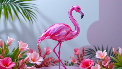 Naklejka premium a flamingo built from translucent pink glass geometry, clean pastel tropical background
