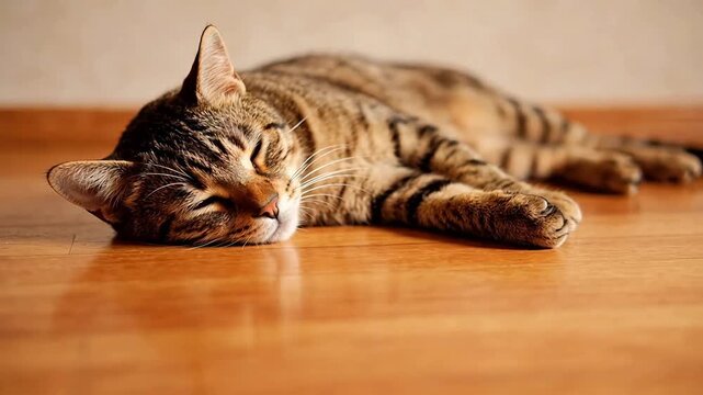 Tabby cat sleeping on wooden floor