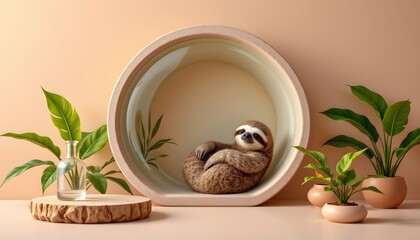 Obraz premium a sloth designed with rounded glass shapes, soft warm light, minimal tropical background