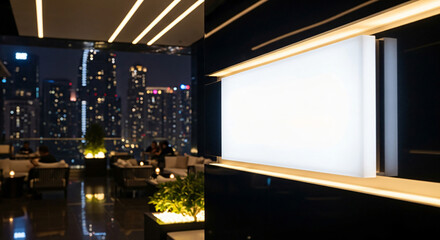City View Lounge at Night with Glowing Sign and Urban Skyline