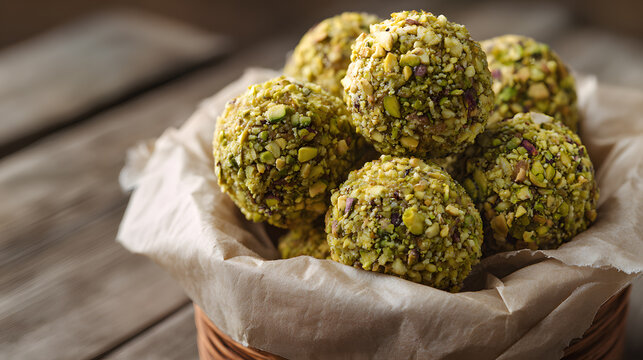 Pistachio truffles coated in finely chopped nuts in rustic basket