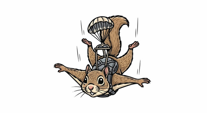 Action Shot of a Squirrel Flying Through the Air with a Parachute Backpack and Goggles