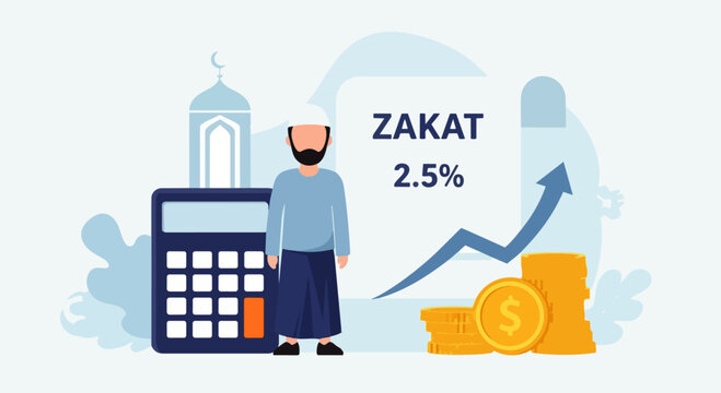 Flat vector illustration depicting businessman in concept of calculating zakat payment from business profit, concept of zakat fitrah payment in Ramadan Kareem