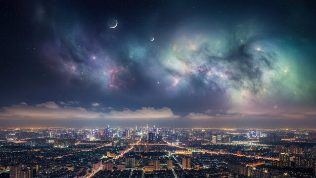 Night city skyline under a dramatic starry sky