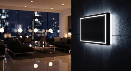 Modern Living Room with Illuminated Wall Art and Cityscape at Night