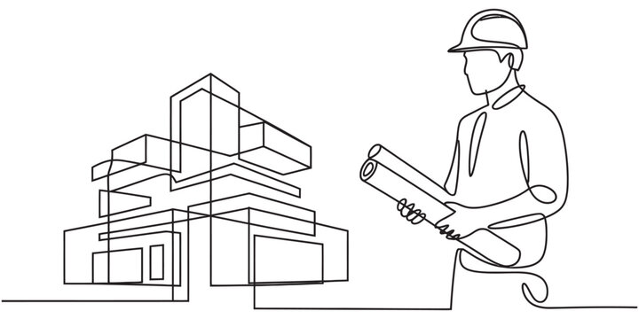 Continuous line drawing of an architect holding blueprints next to a modern building design Vector, illustration