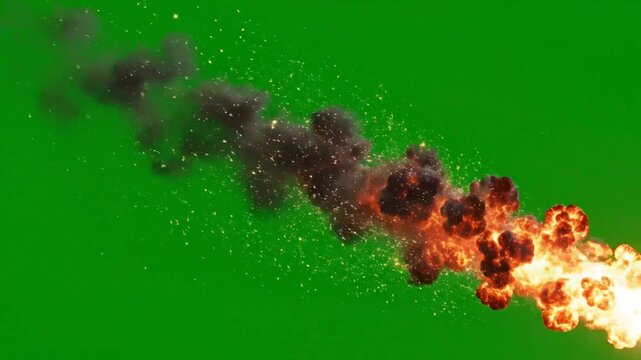 Fiery meteoroid streaking across green screen backdrop for visual effects
