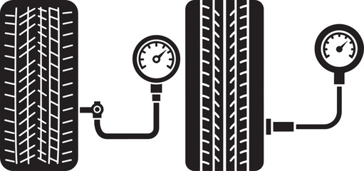Black and white illustration of car tires and tire pressure gauges, signifying vehicle maintenance and inspection
