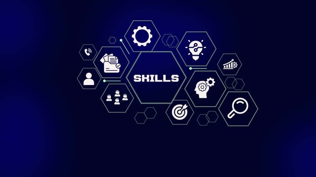 Professional business skills development infographic with modern icons for career growth, education, and technical expertise.
