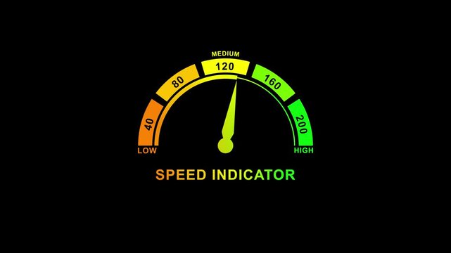Dynamic neon speed indicator gauge showing medium speed level on dark background tech speedometer display for automotive dashboard user interface digital tachometer and performance monitoring