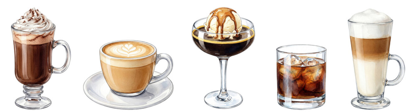 watercolor coffee drink collection with irish coffee or mocha, cappuccino or flat white,  affogato, cold brew and latte macchiato, isolated illustration