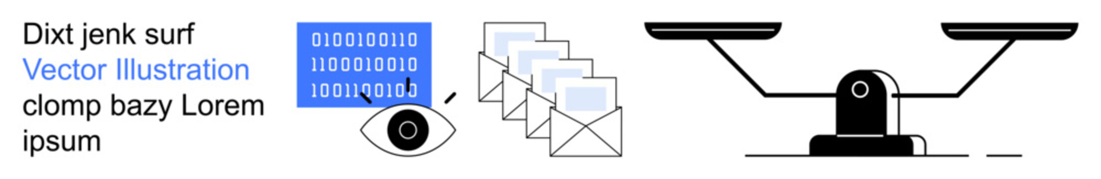 Data privacy, cybersecurity, legal equality, digital communication, encryption, justice. Binary code, envelopes eye icon and a balance scale. Data privacy and cybersecurity in a symbolic layout
