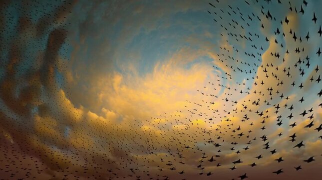 A mesmerizing aerial view of birds forming a swirling pattern against a colorful sky.
