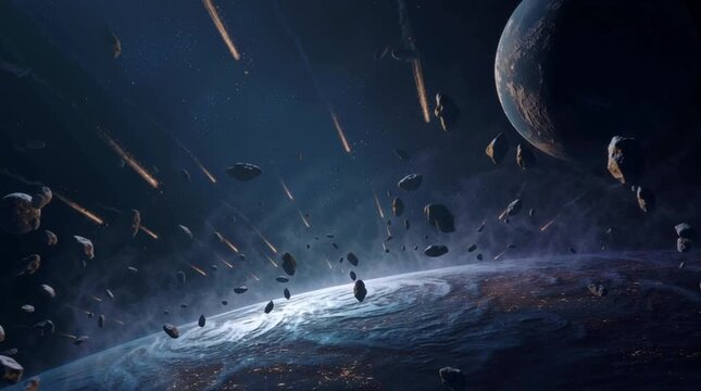 A stunning cosmic scene featuring planets, asteroids, and a starry sky.