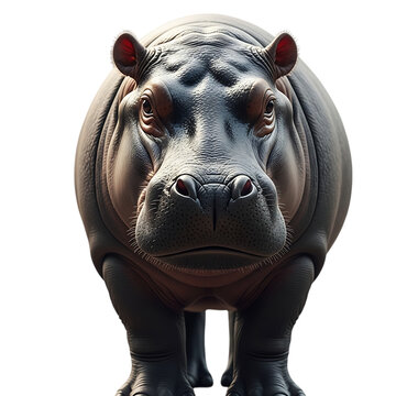 Front view of large, powerful hippopotamus standing on transparent background, detailed and realistic